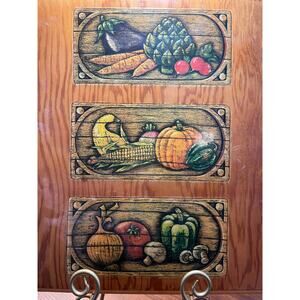 Vintage 1970s Handcrafted Wood Kitchen, Rustic Vegetable Panels, Farmhouse Decor